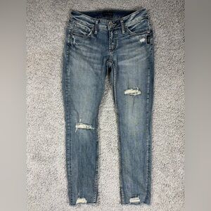 Silver Jeans Womens 25 Elyse Ankle Slim Casual Distressed Holes Raw Hem Light